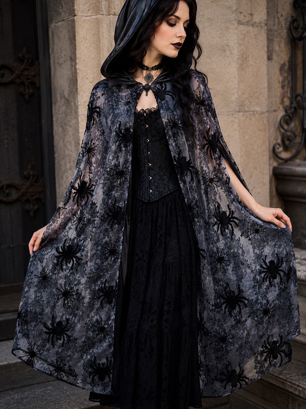 Halloween Spider Web Cape Cloak Gothic Witch Costume Flocked Spiders Adult